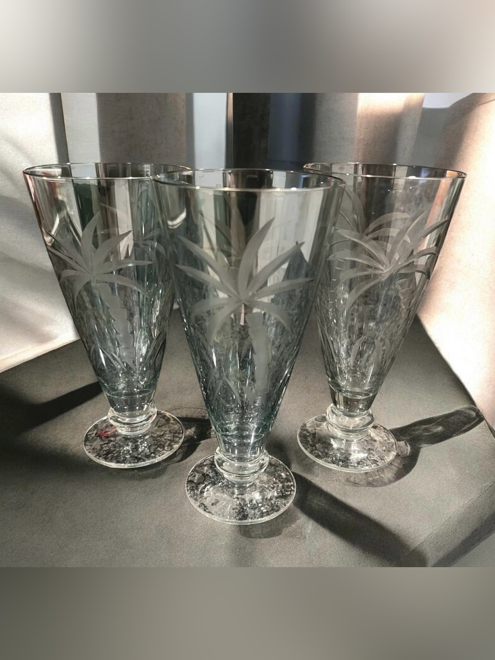 3 MCM vintage Lenox British Colonial green etched palm tree glasses.